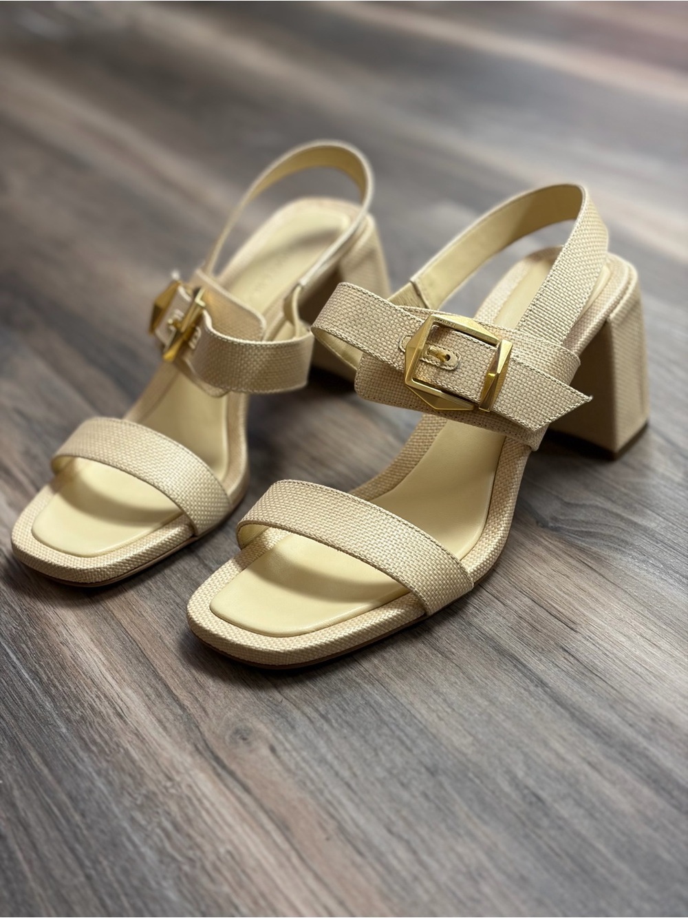 Jimmy Choo Hawke 70 Beige Canvas Heel Sandals with Gold Buckle
